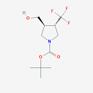 Chemical structure of trans-tert-butyl 3-(hydroxymethyl)-4-(trifluoromethyl)pyrrolidine-1-carboxylate