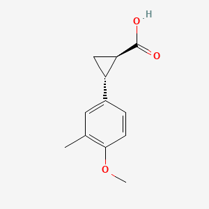 Chemical structure of trans-2-(4-methoxy-3-methylphenyl)cyclopropane-1-carboxylic acid