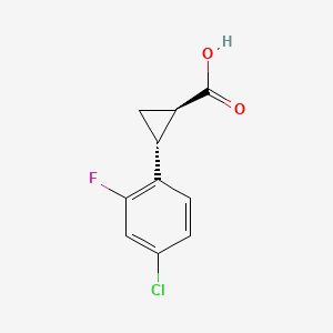 Chemical structure of trans-2-(4-chloro-2-fluorophenyl)cyclopropane-1-carboxylic acid