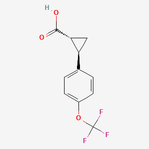 Chemical structure of trans-2-(4-(trifluoromethoxy)phenyl)cyclopropane-1-carboxylic acid