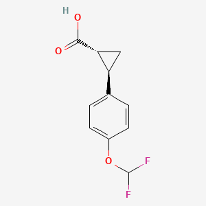 Chemical structure of trans-2-(4-(difluoromethoxy)phenyl)cyclopropane-1-carboxylic acid