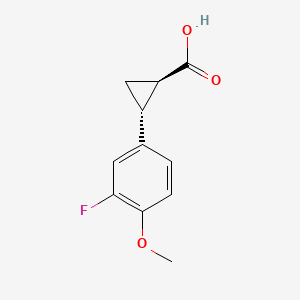 Chemical structure of trans-2-(3-fluoro-4-methoxyphenyl)cyclopropane-1-carboxylic acid