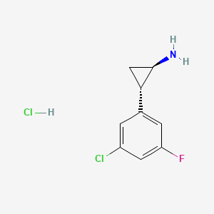 Chemical structure of trans-2-(3-chloro-5-fluorophenyl)cyclopropan-1-amine hydrochloride