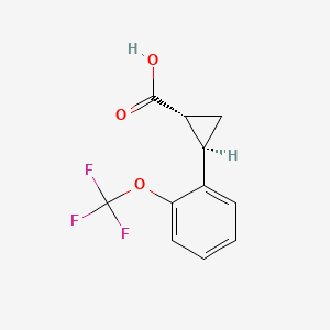 Chemical structure of trans-2-(2-(trifluoromethoxy)phenyl)cyclopropane-1-carboxylic acid