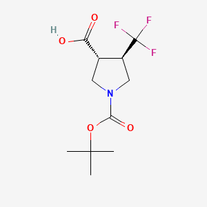 Chemical structure of trans-1-[(tert-butoxy)carbonyl]-4-(trifluoromethyl)pyrrolidine-3-carboxylic acid