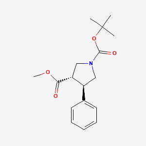 Chemical structure of trans-1-(tert-butyl) 3-methyl 4-phenylpyrrolidine-1,3-dicarboxylate