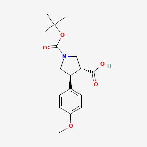 Chemical structure of trans-1-(tert-butoxycarbonyl)-4-(4-methoxyphenyl)pyrrolidine-3-carboxylic acid