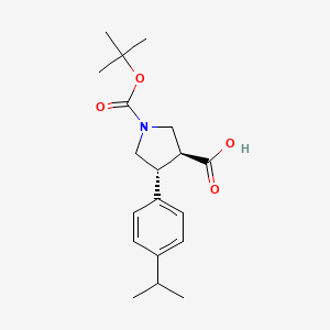 Chemical structure of trans-1-(tert-butoxycarbonyl)-4-(4-isopropylphenyl)pyrrolidine-3-carboxylic acid