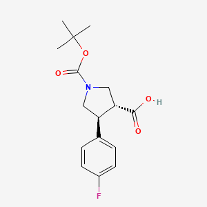 Chemical structure of trans-1-(tert-butoxycarbonyl)-4-(4-fluorophenyl)pyrrolidine-3-carboxylic acid