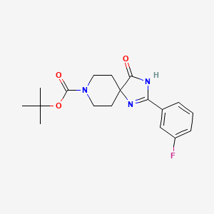 Chemical structure of tert-Butyl2-(3-fluorophenyl)-4-oxo-1,3,8-triazaspiro[4.5]dec-1-ene-8-carboxylate