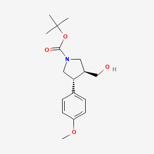 Chemical structure of tert-butyl trans-3-(hydroxymethyl)-4-(4-methoxyphenyl)pyrrolidine-1-carboxylate