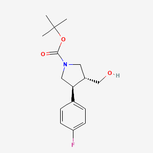 Chemical structure of tert-butyl trans-3-(4-fluorophenyl)-4-(hydroxymethyl)pyrrolidine-1-carboxylate