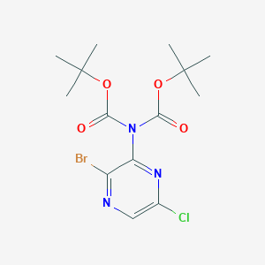 Chemical structure of tert-Butyl N-(3-bromo-6-chloropyrazin-2-yl)-N-[(tert-butoxy)carbonyl]carbamate