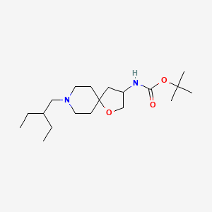 Chemical structure of tert-butyl 8-(2-ethylbutyl)-1-oxa-8-azaspiro[4.5]dec-3-ylcarbamate