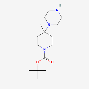 Chemical structure of tert-Butyl 4-methyl-4-(piperazin-1-yl)piperidine-1-carboxylate