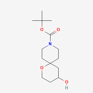 Chemical structure of tert-butyl 4-hydroxy-1-oxa-9-azaspiro[5.5]undecane-9-carboxylate