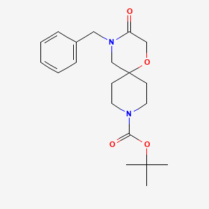 Chemical structure of TERT-BUTYL 4-BENZYL-3-OXO-1-OXA-4,9-DIAZASPIRO[5.5]UNDECANE-9-CARBOXYLATE