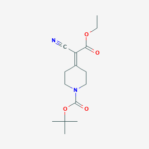 Chemical structure of tert-Butyl 4-(1-cyano-2-ethoxy-2-oxoethylidene)piperidine-1-carboxylate