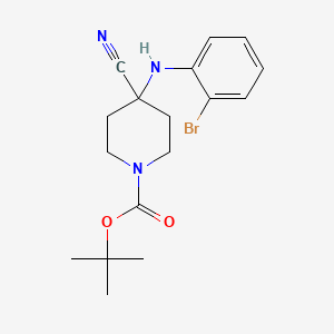 Chemical structure of tert-butyl 4-((2-bromophenyl)amino)-4-cyanopiperidine-1-carboxylate