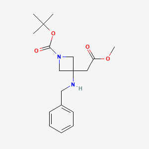Chemical structure of tert-Butyl 3-(benzylamino)-3-(2-methoxy-2-oxoethyl)azetidine-1-carboxylate