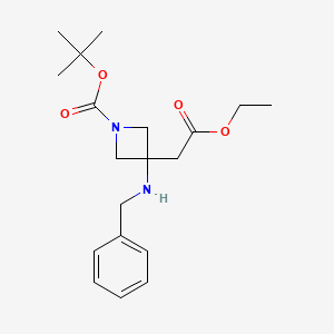 Chemical structure of tert-Butyl 3-(benzylamino)-3-(2-ethoxy-2-oxoethyl)azetidine-1-carboxylate
