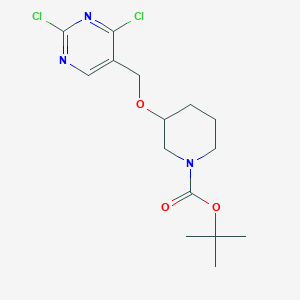 Chemical structure of tert-butyl 3-((2, 4-dichloropyrimidin-5-yl)methoxy)piperidine-1-carboxylate