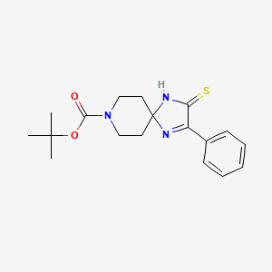 Chemical structure of tert-Butyl 2-phenyl-3-thioxo-1,4,8-triazaspiro-[4.5]dec-1-ene-8-carboxylate