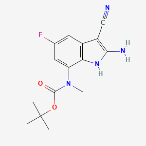 Chemical structure of tert-butyl 2-amino-3-cyano-5-fluoro-1H-indol-7-yl(methyl)carbamate