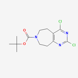 Chemical structure of tert-Butyl 2,4-dichloro-8,9-dihydro-5H-pyrimido[4,5-d]azepine-7(6H)-carboxylate