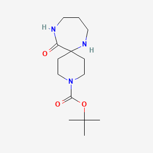 Chemical structure of tert-butyl 12-oxo-3,7,11-triazaspiro[5.6]dodecane-3-carboxylate