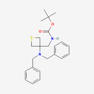 Chemical structure of tert-butyl ((3-(dibenzylamino)thietan-3-yl)methyl)carbamate