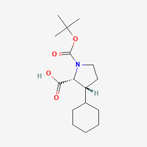 Chemical structure of Rel-(2R,3R)-1-(tert-Butoxycarbonyl)-3-cyclohexylpyrrolidine-2-carboxylic acid