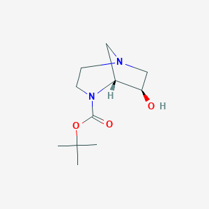 Chemical structure of Racemic-(5R,6R)-tert-butyl 6-hydroxy-1,4-diazabicyclo[3.2.1]octane-4-carboxylate