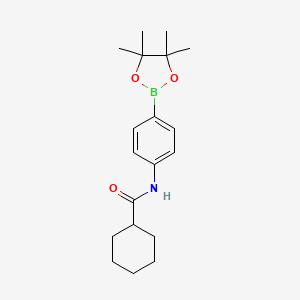 Chemical structure of N-[4-(4,4,5,5-tetramethyl-1,3,2-dioxaborolan-2-yl)phenyl]cyclohexanecarboxamide