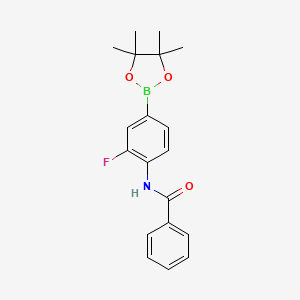 Chemical structure of N-[2-fluoro-4-(4,4,5,5-tetramethyl-1,3,2-dioxaborolan-2-yl)phenyl]benzamide