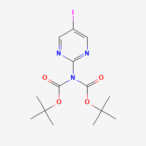 Chemical structure of N,N-Di-(tert-butoxycarbonyl)-5-iodopyrimidin-2-amine