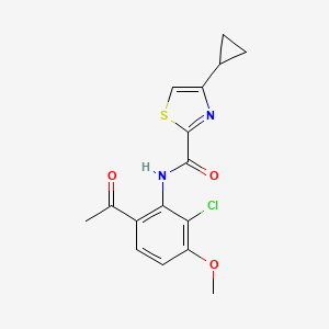 Chemical structure of N-(6-Acetyl-2-chloro-3-methoxyphenyl)-4-cyclopropyl-1,3-thiazole-2-carboxamide