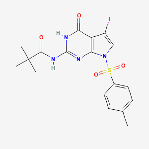 Chemical structure of N-(5-Iodo-4-oxo-7-tosyl-4,7-dihydro-3H-pyrrolo[2,3-d]pyrimidin-2-yl)pivalamide