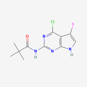 Chemical structure of N-(4-Chloro-5-iodo-7H-pyrrolo[2,3-d]pyrimidin-2-yl)pivalamide