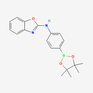 Chemical structure of N-(4-(4,4,5,5-Tetramethyl-1,3,2-dioxaborolan-2-yl)phenyl)benzo[d]oxazol-2-amine