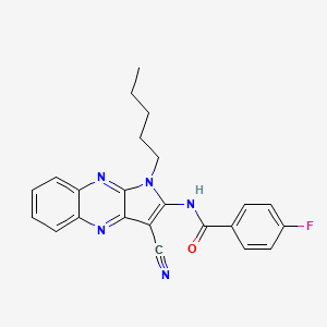 Chemical structure of N-(3-cyano-1-pentyl-1H-pyrrolo[2,3-b]quinoxalin-2-yl)-4-fluorobenzamide