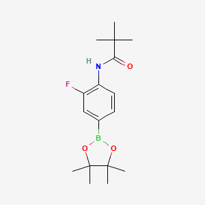 Chemical structure of N-(2-fluoro-4-(4,4,5,5-tetramethyl-1,3,2-dioxaborolan-2-yl)phenyl)pivalamide