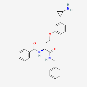 Chemical structure of N-((S)-1-(benzylcarbamoyl)-3-(3-(2-aminocyclopropyl)phenoxy)propyl)benzamide