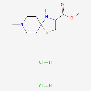 Chemical structure of methyl 8-methyl-1-thia-4,8-diazaspiro[4.5]decane-3-carboxylate dihydrochloride