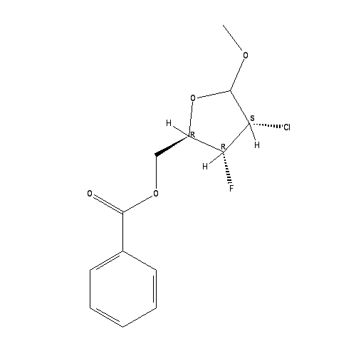 Chemical structure of Methyl 5-O-benzoyl-2-chloro-2,3-dideoxy-3-fluoro-D-ribofuranoside