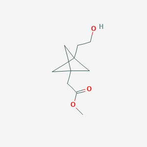 Chemical structure of Methyl 2-(3-(2-hydroxyethyl)bicyclo[1.1.1]pentan-1-yl)acetate