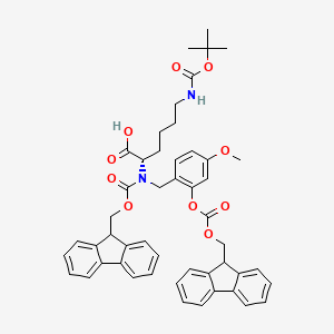 Chemical structure of Fmoc-(FmocHmb)Lys(Boc)-OH