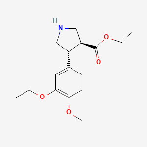 Chemical structure of ethyl trans-4-(3-ethoxy-4-methoxyphenyl)pyrrolidine-3-carboxylate hydrochloride