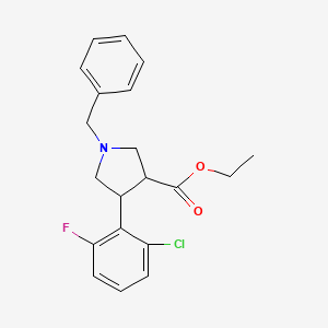 Chemical structure of ethyl trans-1-benzyl-4-(2-chloro-6-fluorophenyl)pyrrolidine-3-carboxylate
