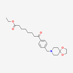 Chemical structure of ethyl 8-[4-[8-(1,4-dioxa-8-azaspiro[4.5]decyl)methyl]phenyl]-8-oxooctanoate